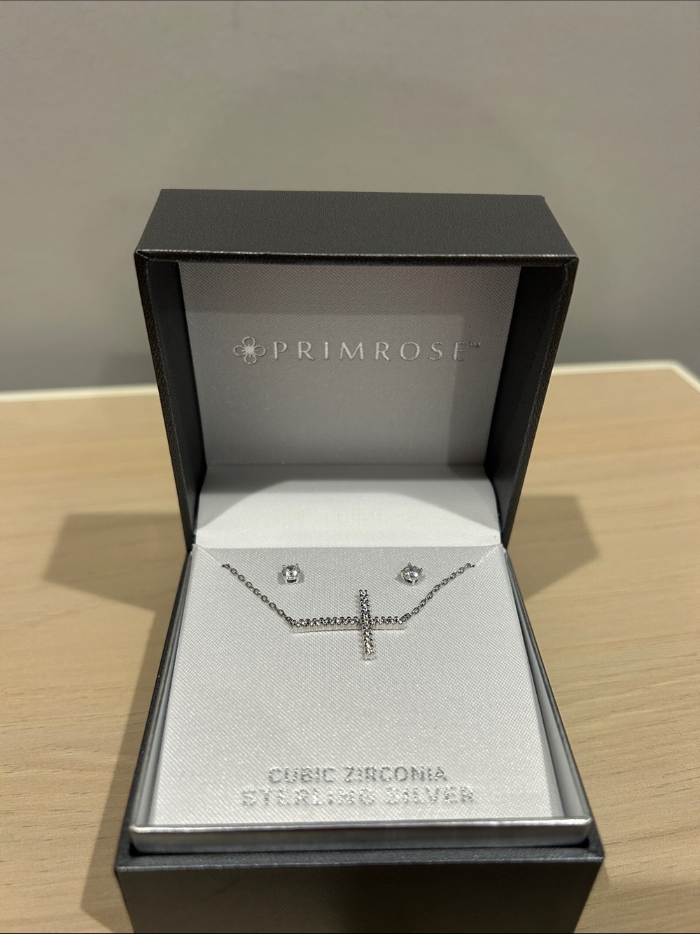Primrose Sterling Silver Cubic Zirconia Cross Necklace & Stud Earrings Set